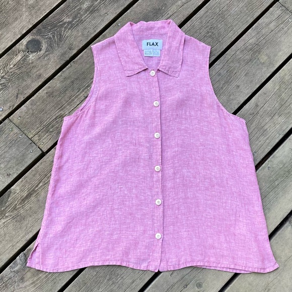 Flax Tops - FLAX Linen Top Button Down Shirt Sleeveless Flowy Red Pink White Size Medium